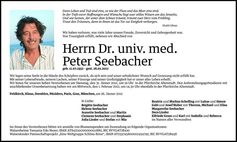  Todesanzeige für Peter Seebacher vom 28.01.2012 aus Vorarlberger Nachrichten