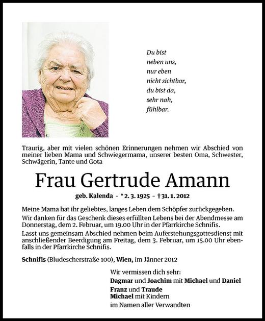 Todesanzeigen von Gertrude Amann | Todesanzeigen Vorarlberger Nachrichten