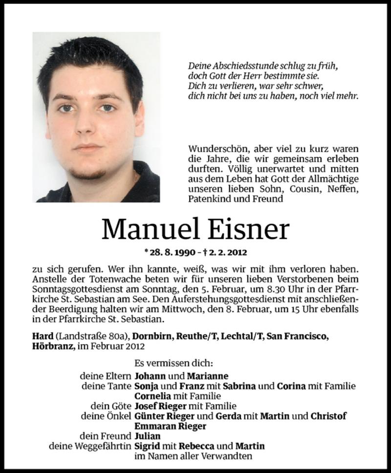  Todesanzeige für Manuel Eisner vom 04.02.2012 aus Vorarlberger Nachrichten