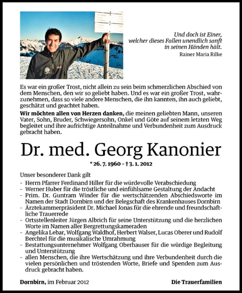  Todesanzeige für Georg Kanonier vom 04.02.2012 aus Vorarlberger Nachrichten