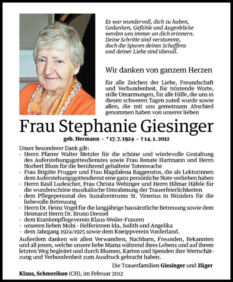 Todesanzeigen von Stephanie Giesinger | Todesanzeigen Vorarlberger ...