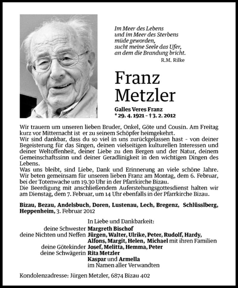  Todesanzeige für Franz Metzler vom 06.02.2012 aus Vorarlberger Nachrichten