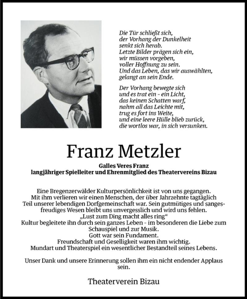  Todesanzeige für Franz Metzler vom 06.02.2012 aus Vorarlberger Nachrichten