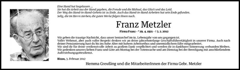  Todesanzeige für Franz Metzler vom 06.02.2012 aus Vorarlberger Nachrichten