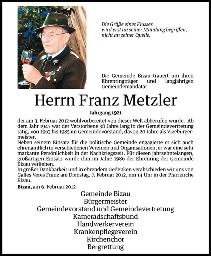  Todesanzeige für Franz Metzler vom 07.02.2012 aus Vorarlberger Nachrichten