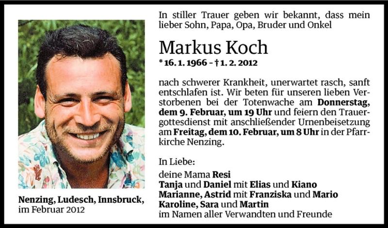  Todesanzeige für Markus Koch vom 09.02.2012 aus Vorarlberger Nachrichten