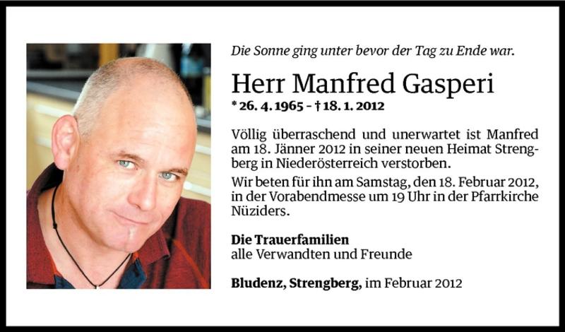  Todesanzeige für Manfred Gasperi vom 16.02.2012 aus Vorarlberger Nachrichten
