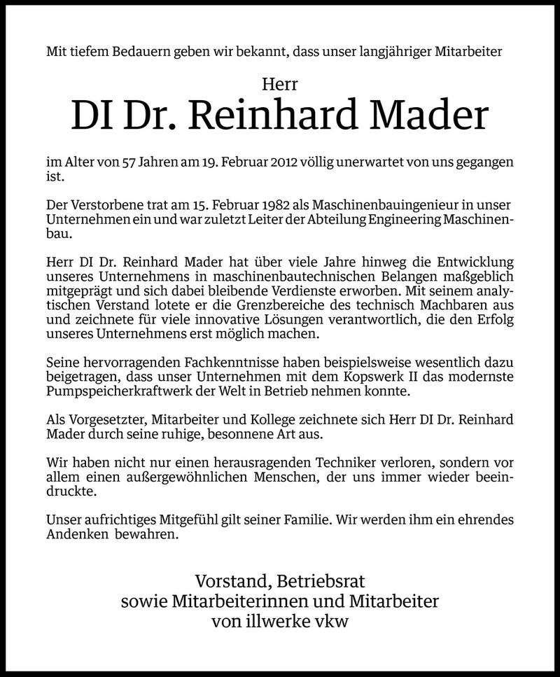  Todesanzeige für Reinhard Mader vom 21.02.2012 aus Vorarlberger Nachrichten