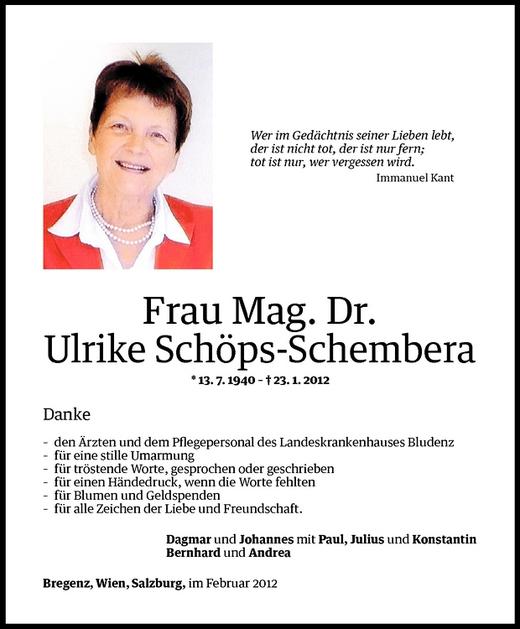 Todesanzeige von Ulrike Schöps-Schembera von Vorarlberger Nachrichten