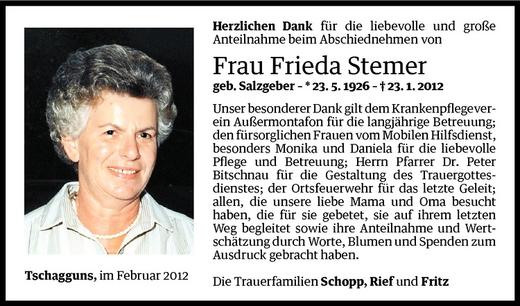 Todesanzeige von Frieda Stemer von Vorarlberger Nachrichten