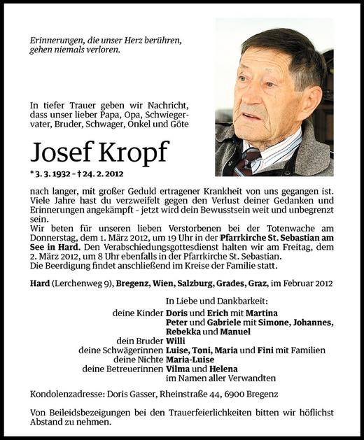 Todesanzeige von Josef Kropf von Vorarlberger Nachrichten