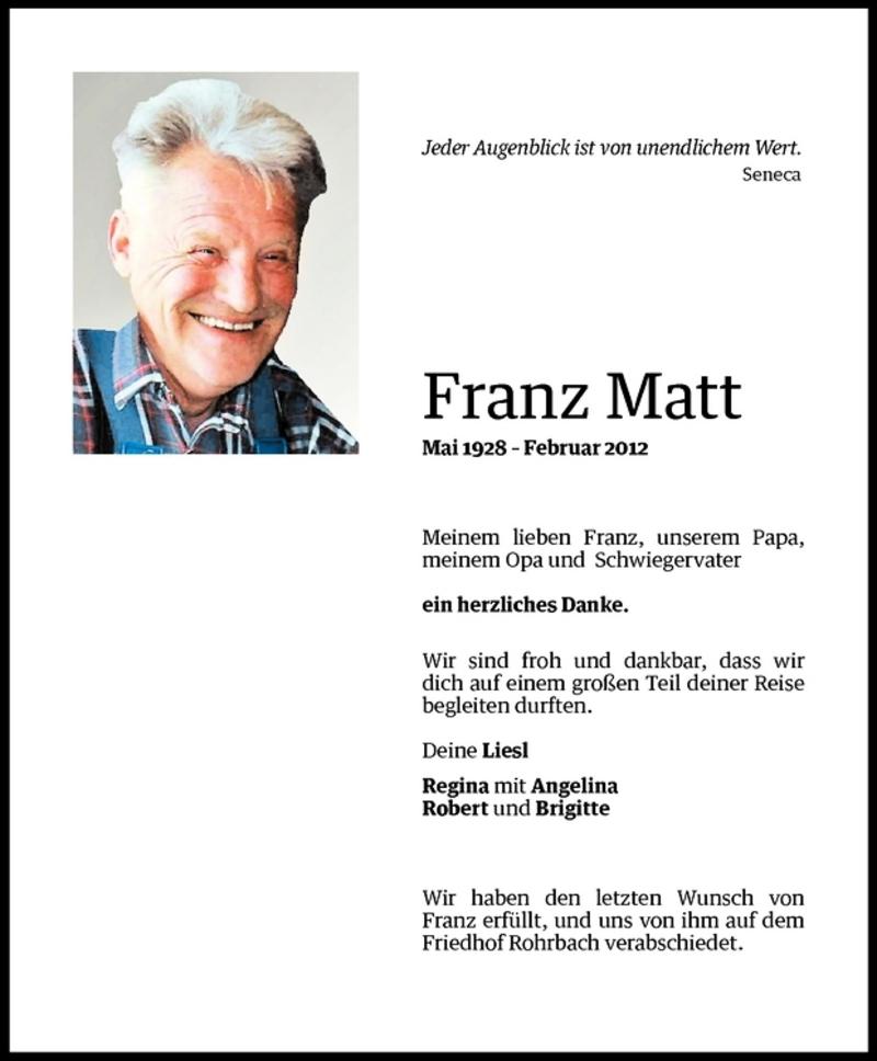 Todesanzeige für Franz Matt vom 28.02.2012 aus Vorarlberger Nachrichten