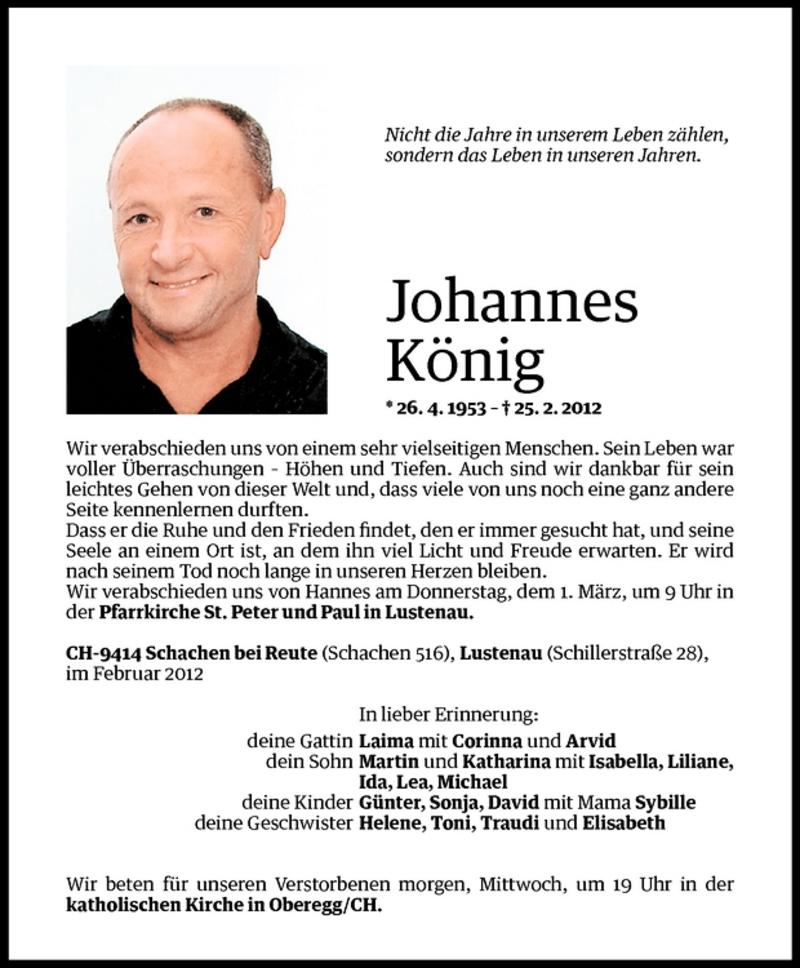  Todesanzeige für Johannes König vom 28.02.2012 aus Vorarlberger Nachrichten