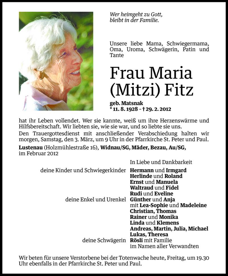  Todesanzeige für Maria (Mitzi) Fitz vom 02.03.2012 aus Vorarlberger Nachrichten
