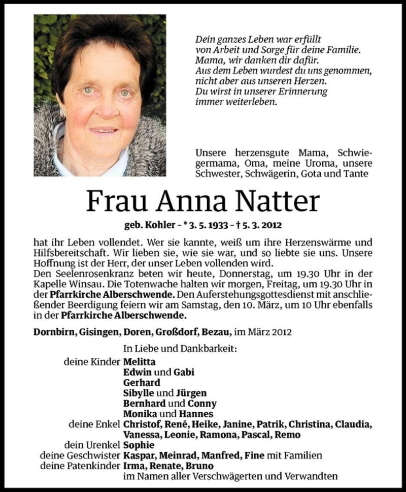  Todesanzeige für Anna Natter vom 08.03.2012 aus Vorarlberger Nachrichten