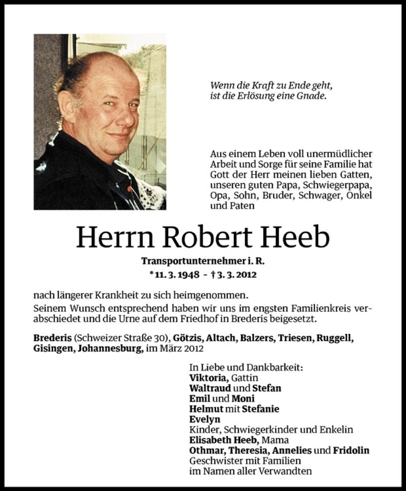  Todesanzeige für Robert Heeb vom 09.03.2012 aus Vorarlberger Nachrichten