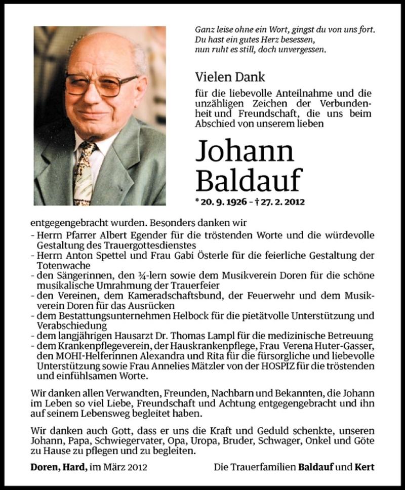  Todesanzeige für Johann Baldauf vom 16.03.2012 aus Vorarlberger Nachrichten