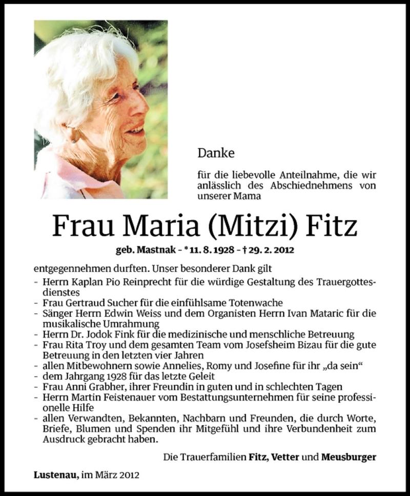  Todesanzeige für Maria (Mitzi) Fitz vom 17.03.2012 aus Vorarlberger Nachrichten