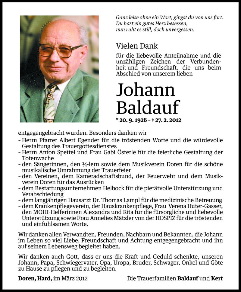  Todesanzeige für Johann Baldauf vom 17.03.2012 aus Vorarlberger Nachrichten