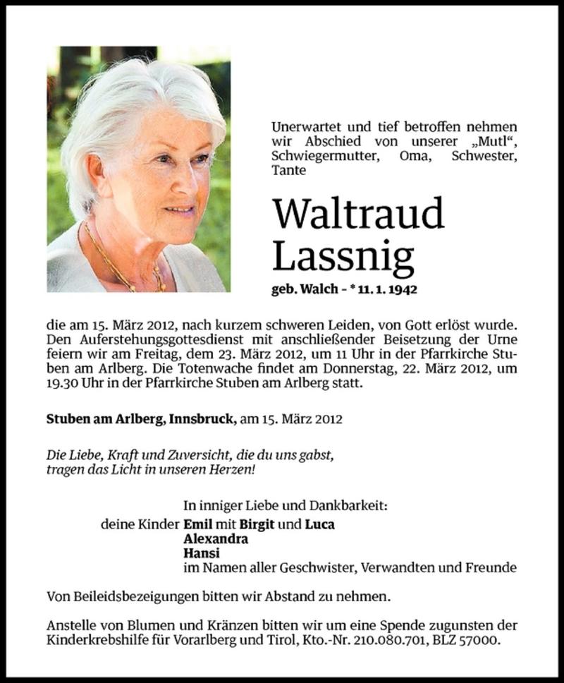 Todesanzeigen Von Waltraud Lassnig Todesanzeigen Vorarlberger Nachrichten