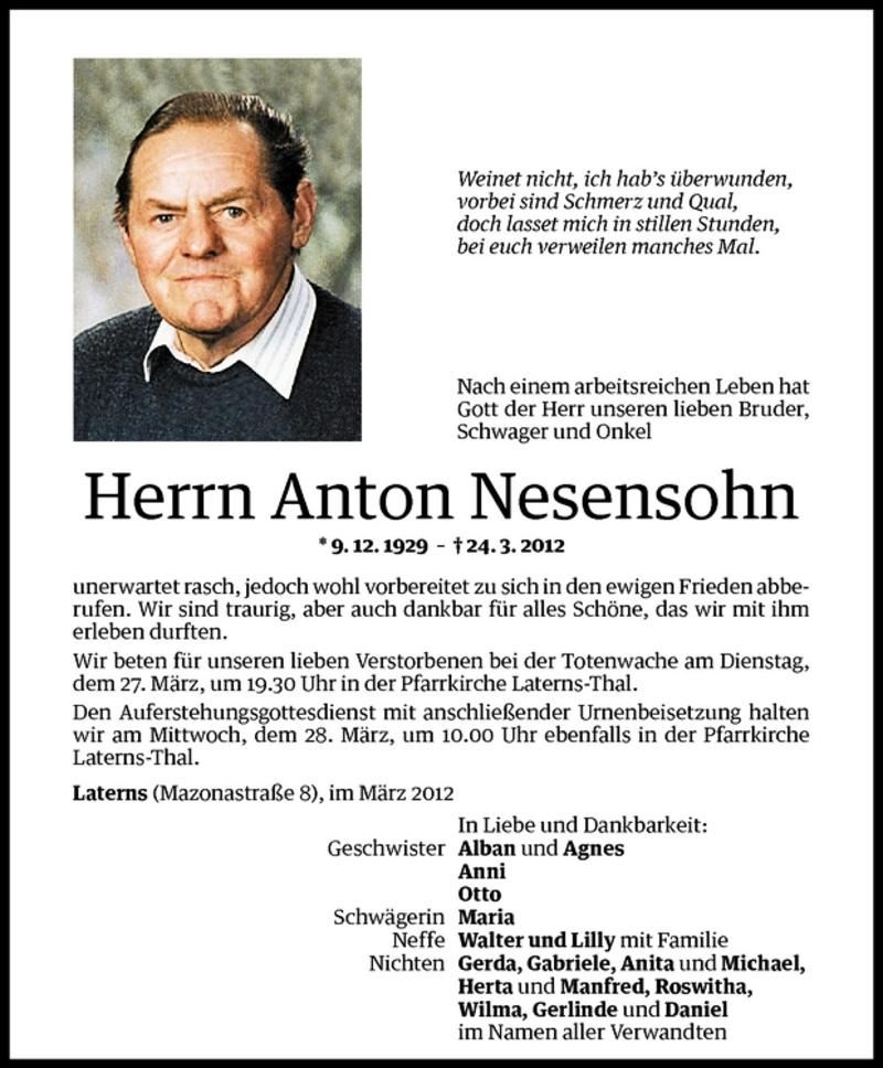  Todesanzeige für Anton Nesensohn vom 26.03.2012 aus Vorarlberger Nachrichten