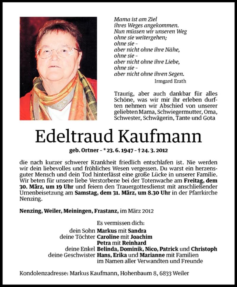 Todesanzeigen Von Edeltraud Kaufmann Todesanzeigen Vorarlberger Nachrichten