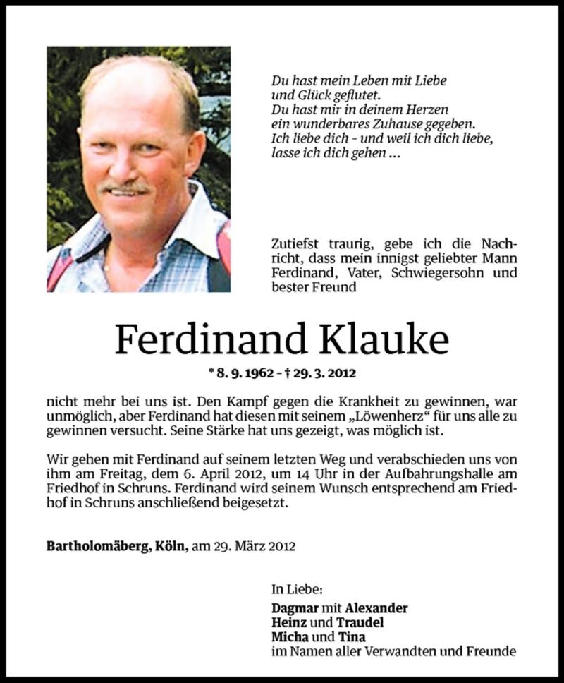  Todesanzeige für Ferdinand Klauke vom 31.03.2012 aus Vorarlberger Nachrichten