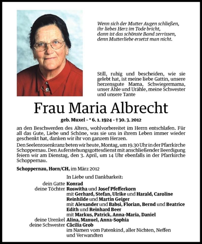  Todesanzeige für Maria Albrecht vom 02.04.2012 aus Vorarlberger Nachrichten