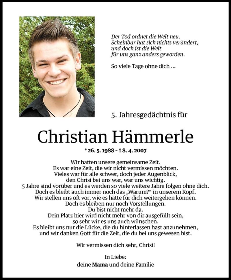  Todesanzeige für Christian Hämmerle vom 06.04.2012 aus Vorarlberger Nachrichten