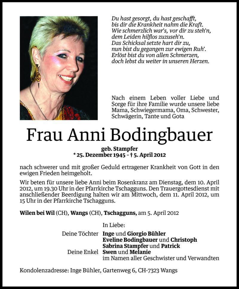  Todesanzeige für Anni Bodingbauer vom 07.04.2012 aus Vorarlberger Nachrichten