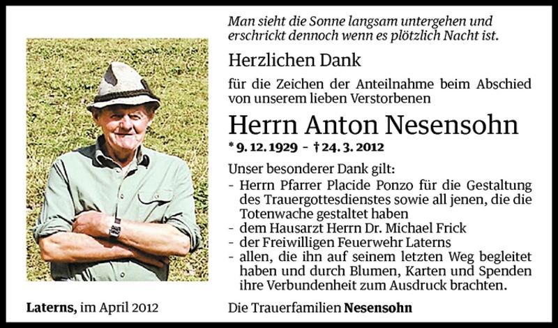  Todesanzeige für Anton Nesensohn vom 14.04.2012 aus Vorarlberger Nachrichten