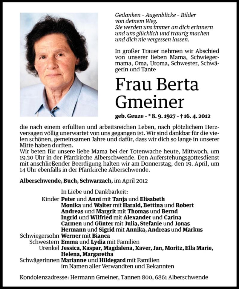  Todesanzeige für Berta Gmeiner vom 18.04.2012 aus Vorarlberger Nachrichten