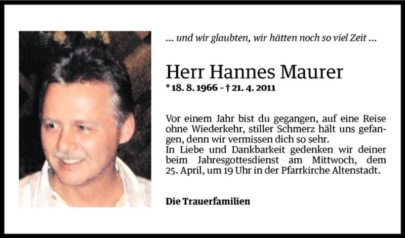  Todesanzeige für Hannes Maurer vom 21.04.2012 aus Vorarlberger Nachrichten