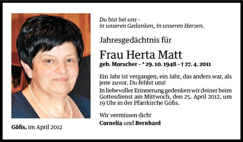  Todesanzeige für Herta Matt vom 21.04.2012 aus Vorarlberger Nachrichten