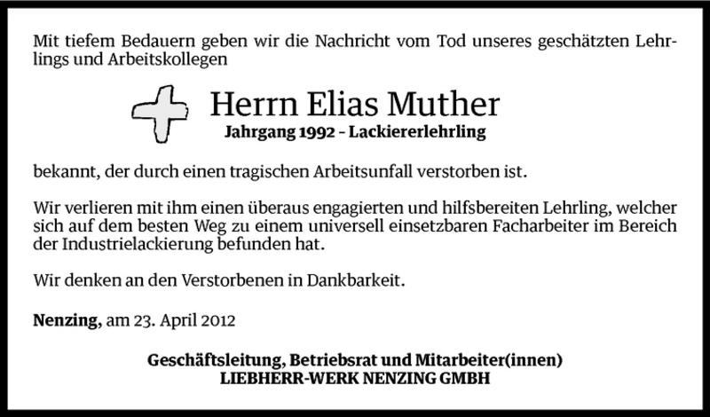  Todesanzeige für Elias Muther vom 25.04.2012 aus Vorarlberger Nachrichten