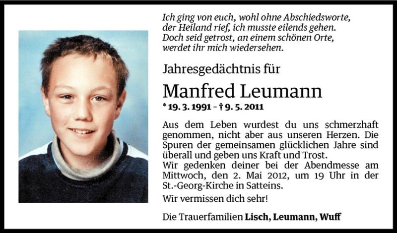  Todesanzeige für Manfred Leumann vom 28.04.2012 aus Vorarlberger Nachrichten