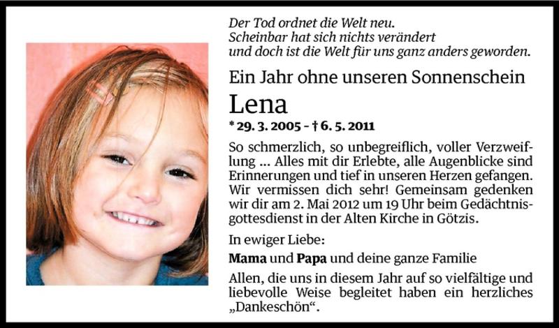  Todesanzeige für Lena Gschwandtner vom 30.04.2012 aus Vorarlberger Nachrichten