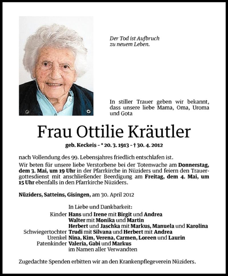 Todesanzeige für Ottilie Kräutler vom 02.05.2012 aus Vorarlberger Nachrichten