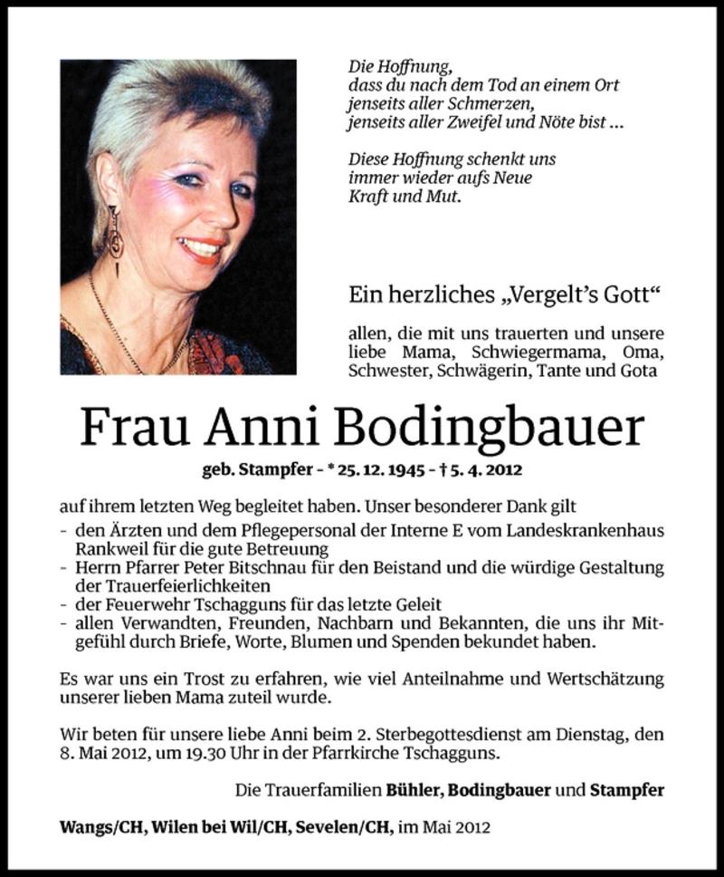  Todesanzeige für Anni Bodingbauer vom 05.05.2012 aus Vorarlberger Nachrichten