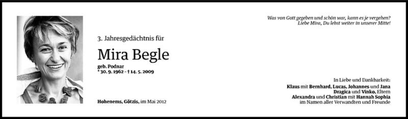  Todesanzeige für Mira Begle vom 12.05.2012 aus Vorarlberger Nachrichten