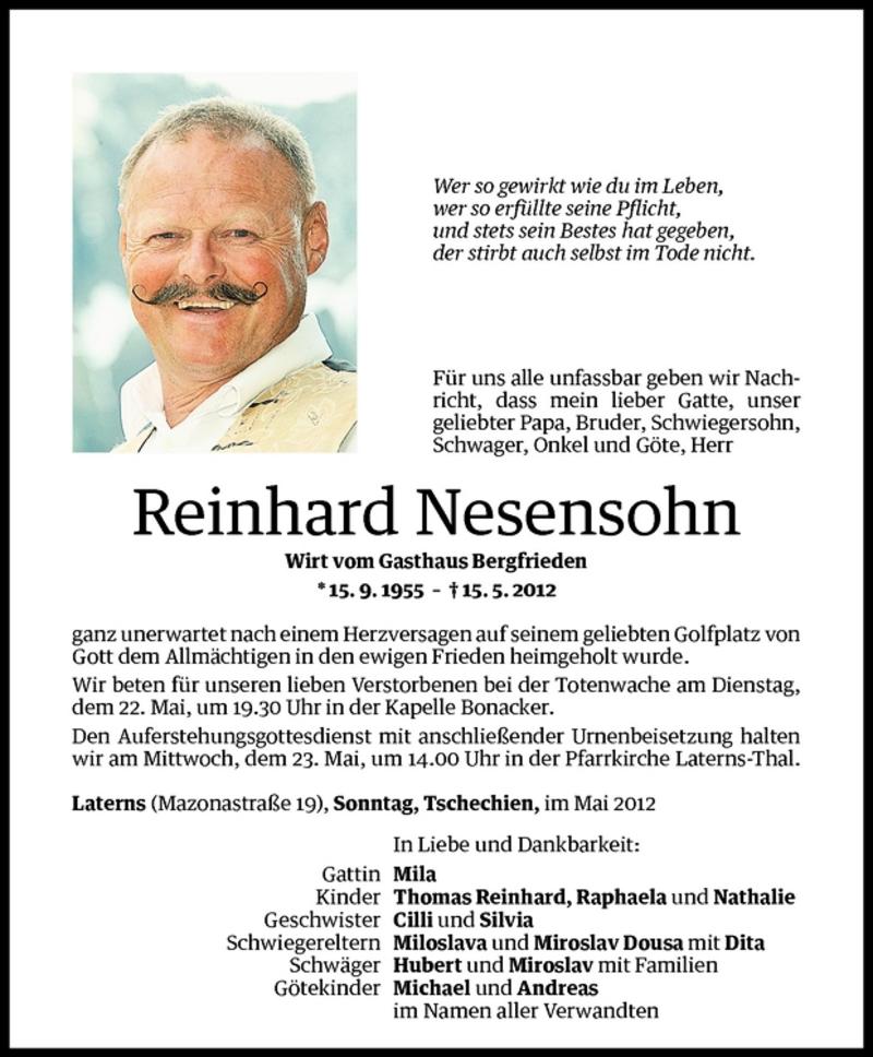  Todesanzeige für Reinhard Nesensohn vom 17.05.2012 aus Vorarlberger Nachrichten