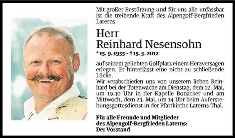  Todesanzeige für Reinhard Nesensohn vom 19.05.2012 aus Vorarlberger Nachrichten