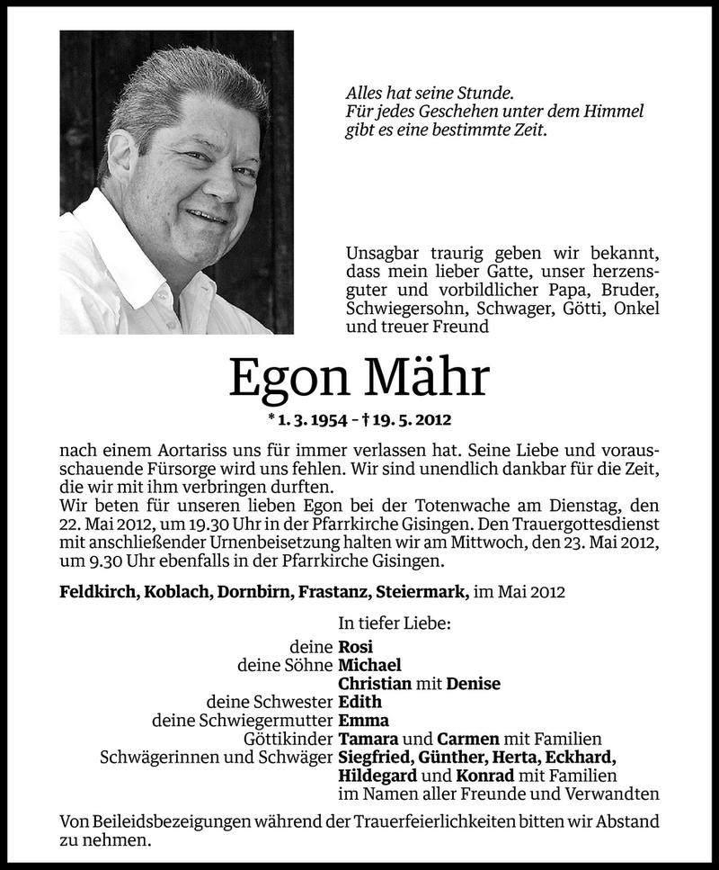  Todesanzeige für Egon Mähr vom 21.05.2012 aus Vorarlberger Nachrichten