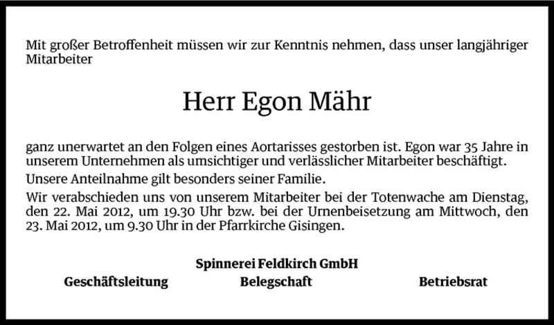  Todesanzeige für Egon Mähr vom 22.05.2012 aus Vorarlberger Nachrichten