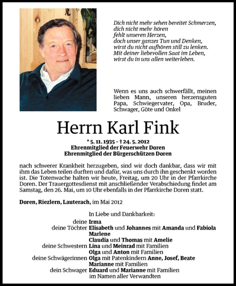  Todesanzeige für Karl Fink vom 25.05.2012 aus Vorarlberger Nachrichten