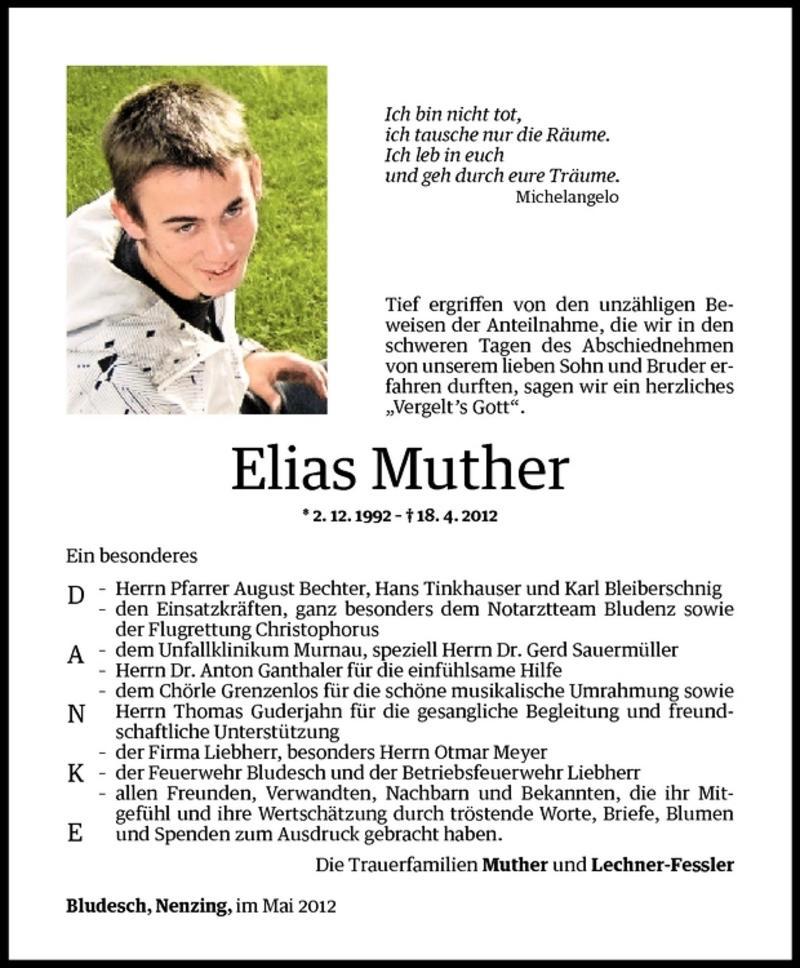  Todesanzeige für Elias Muther vom 31.05.2012 aus Vorarlberger Nachrichten