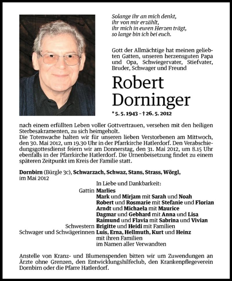  Todesanzeige für Robert Dorninger vom 29.05.2012 aus Vorarlberger Nachrichten