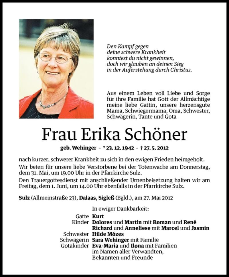  Todesanzeige für Erika Schöner vom 30.05.2012 aus Vorarlberger Nachrichten