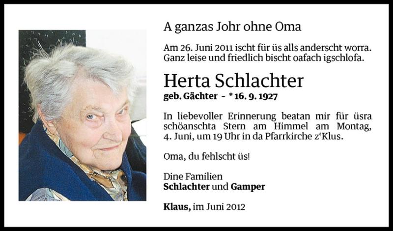  Todesanzeige für Herta Schlachter vom 02.06.2012 aus Vorarlberger Nachrichten
