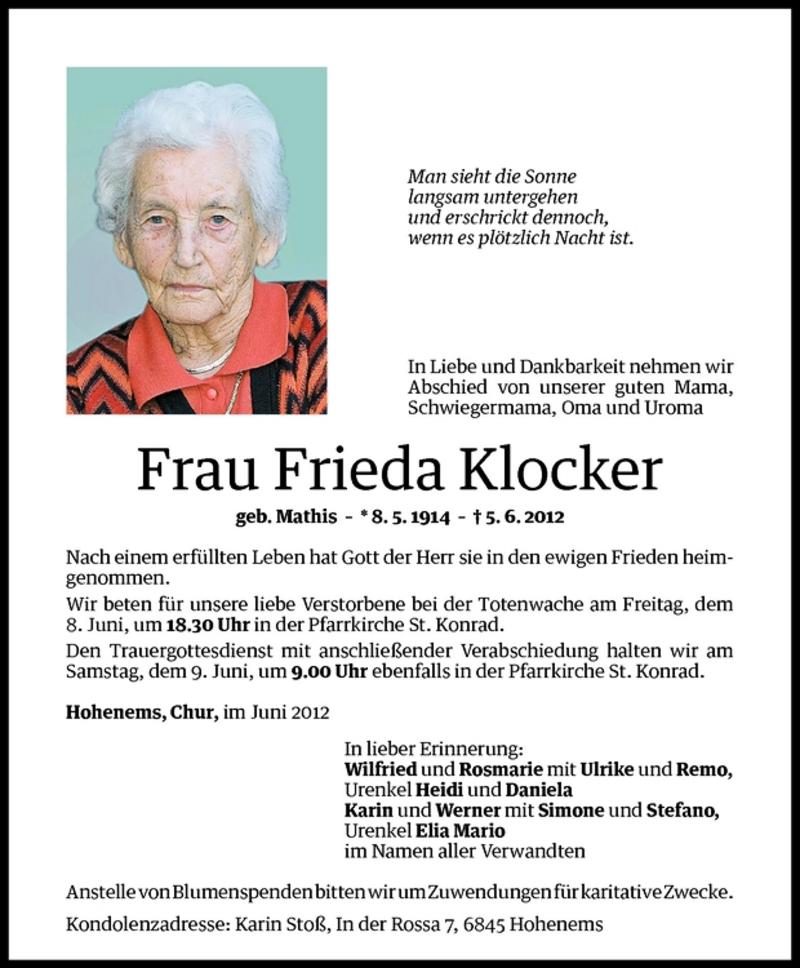  Todesanzeige für Frieda Klocker vom 07.06.2012 aus Vorarlberger Nachrichten